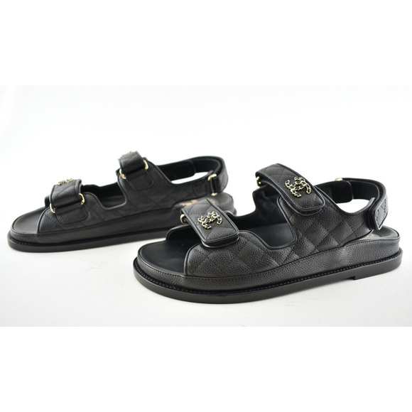 Chanel REV Black Caviar Gold CC Logo Mule Slide Strap Flat Teva Dad Sandal 36.5 - Picture 10 of 12